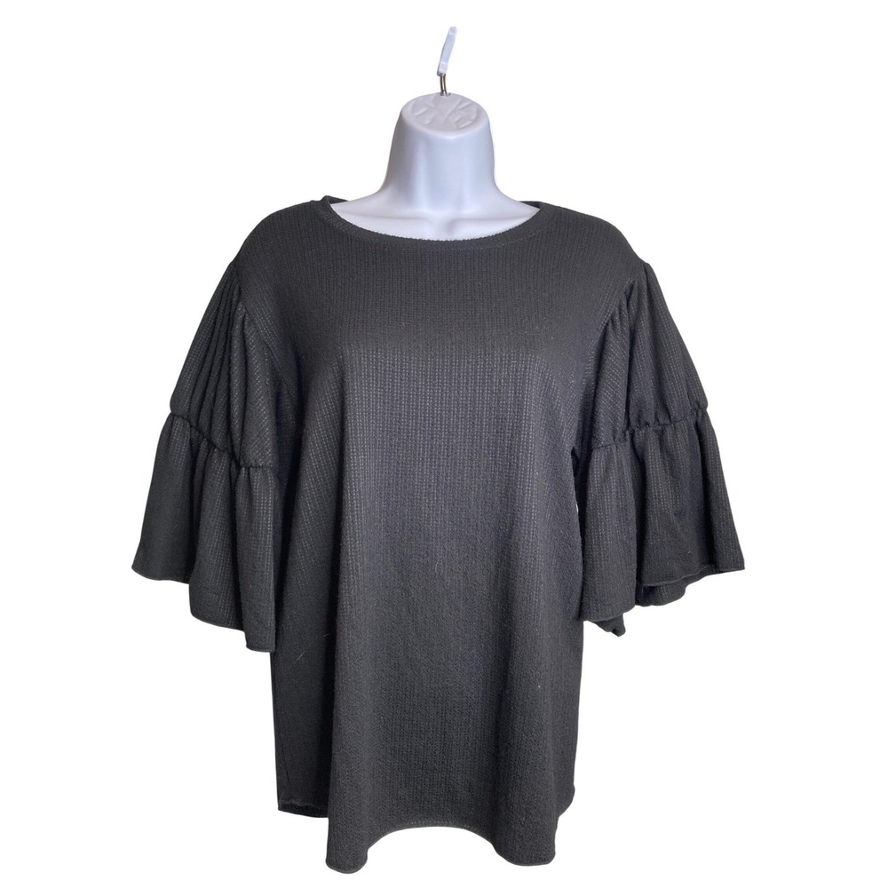 Nally & Millie Black Ruffle Sleeve Top Sz M Boho Flowy Coastal Chic Roomy Casual